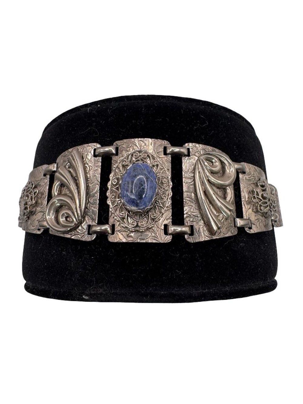 Vintage Gold Tone Etched Panel Bracelet Lapis Lazuli Floral & Scroll 7" Art Deco